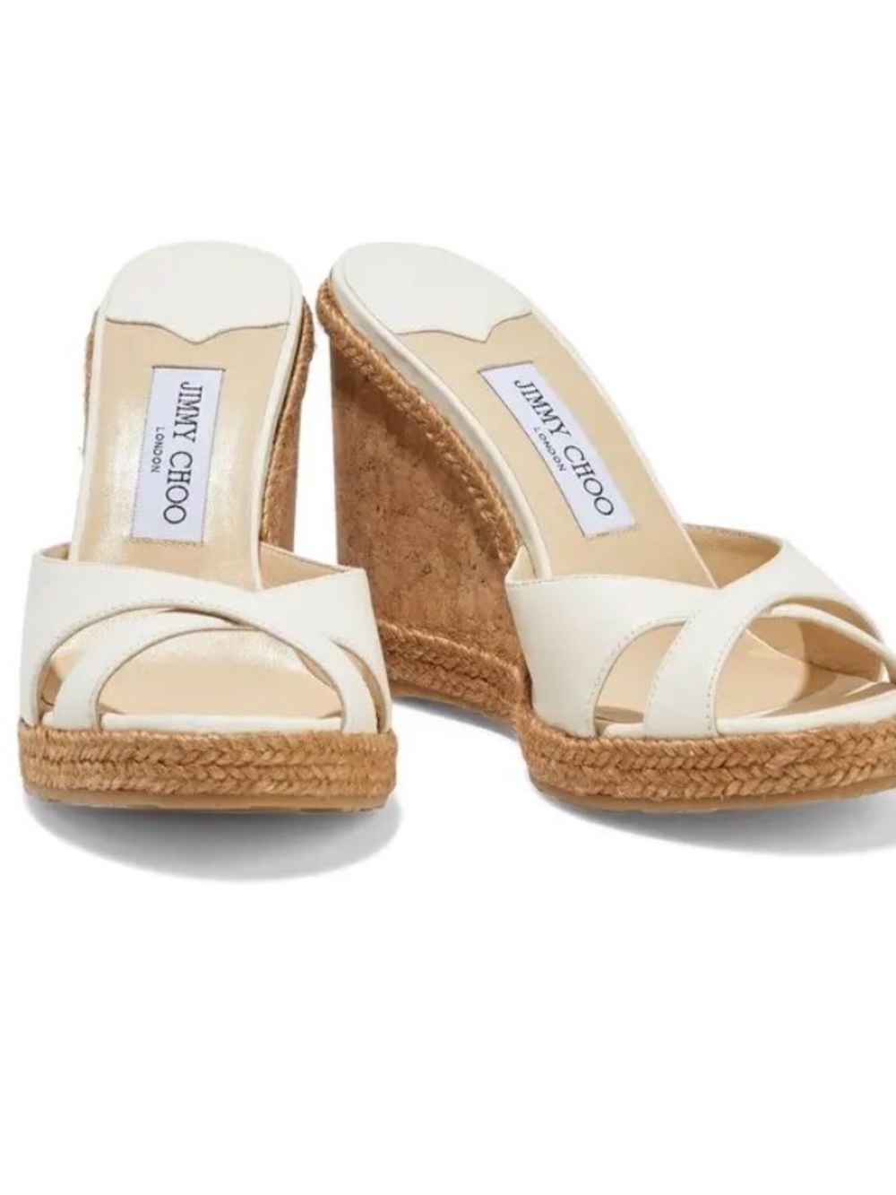 Jimmy Choo Almer 105 White Leather Cork Braid Trim Wedges Mules Slip On Size 7.5